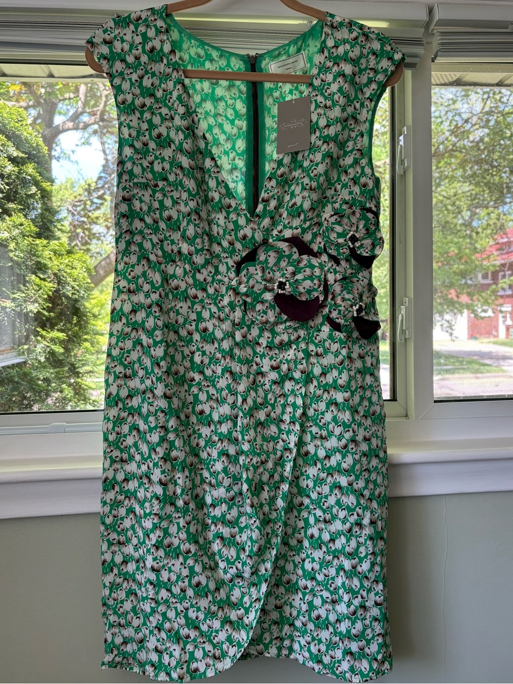Moulinette Soeurs Green and White Floral Midi Wrap Dress with Rosette